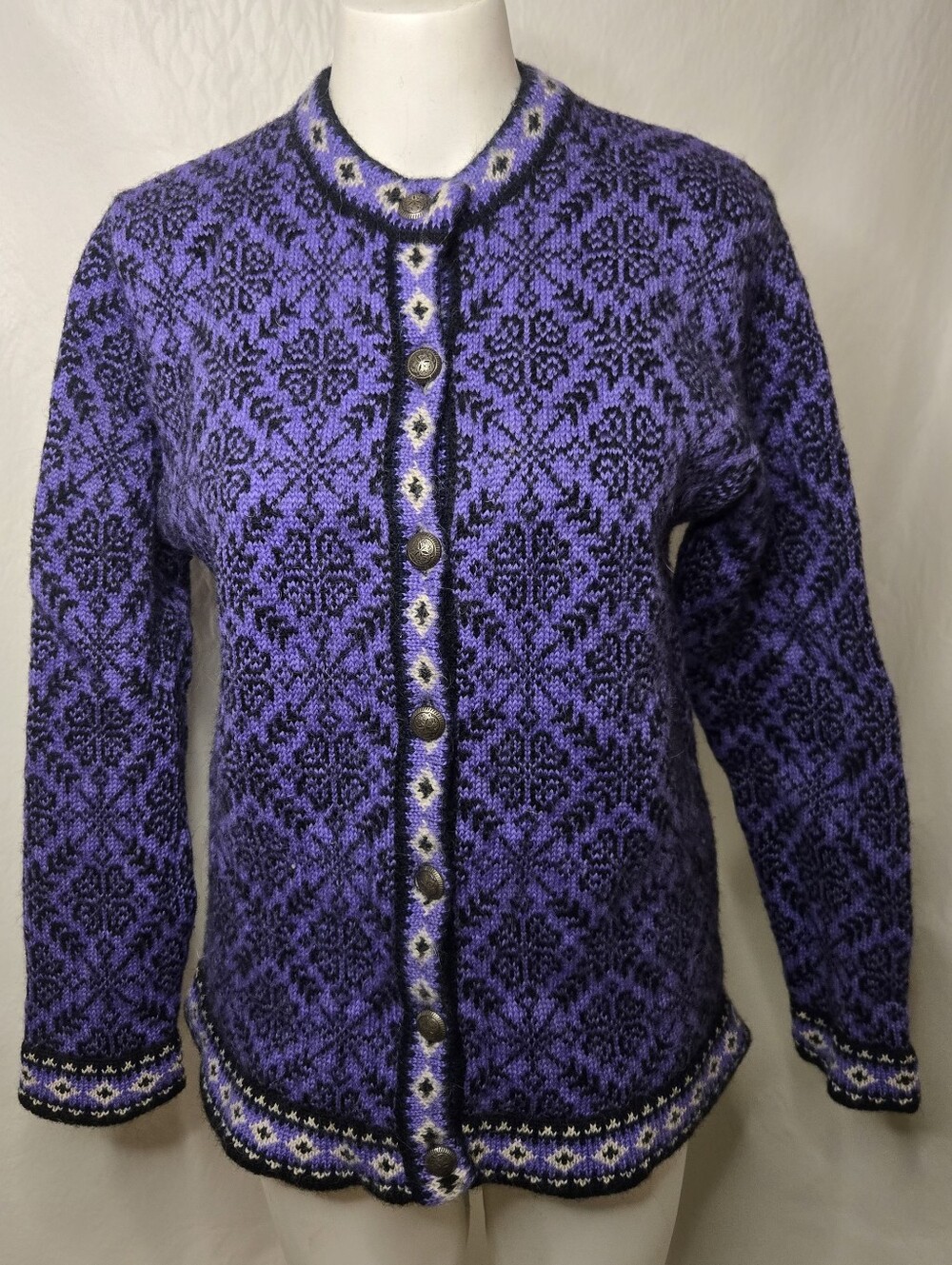 L.L. Bean 100% Merino Wool Nordic Fair Isle Purple Cardigan Sweater Large